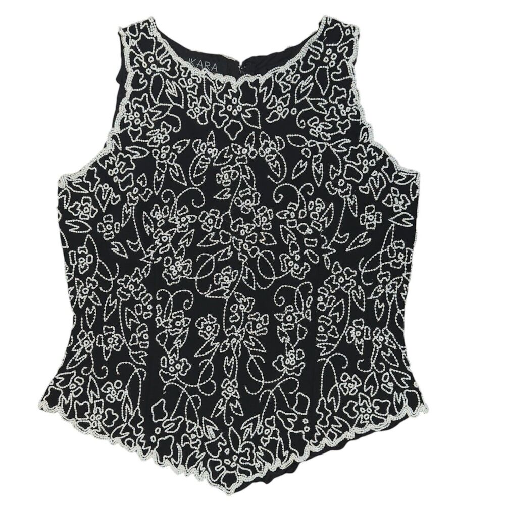 J Kara Vintage Beaded Sleeveless Top Black Floral Blouse Sz M Formal Party Glam